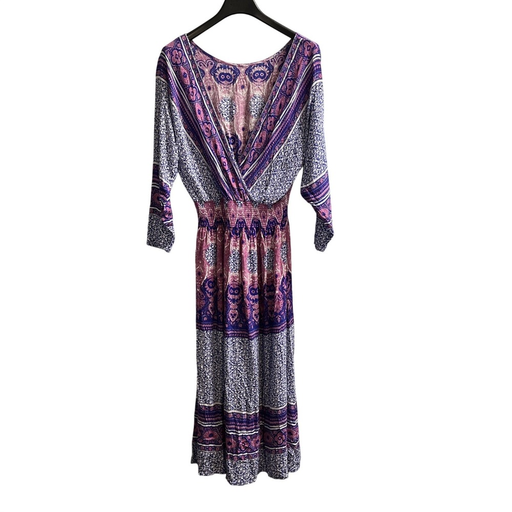 Free People‎ Dress Purple Patchwork Maxi Smocked Waist  Size M Boho Hippie Flowy